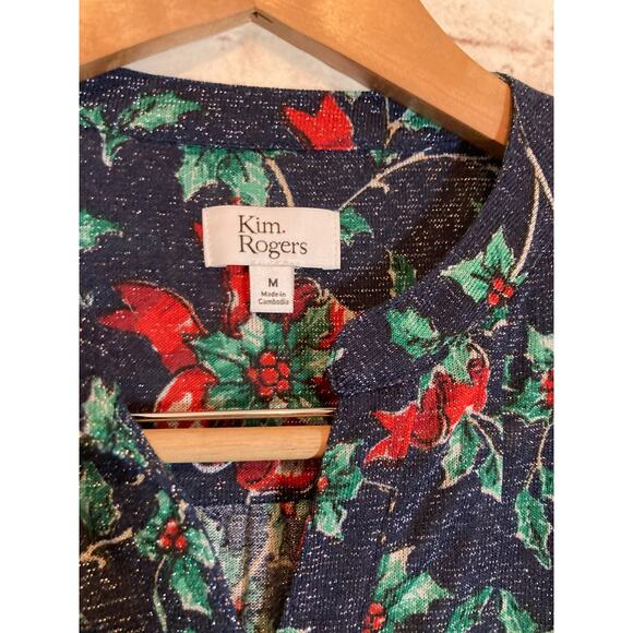 Kim Rogers Popover Top Womens Medium Glitter Holly Christmas Print Roll Tab - Picture 4 of 13